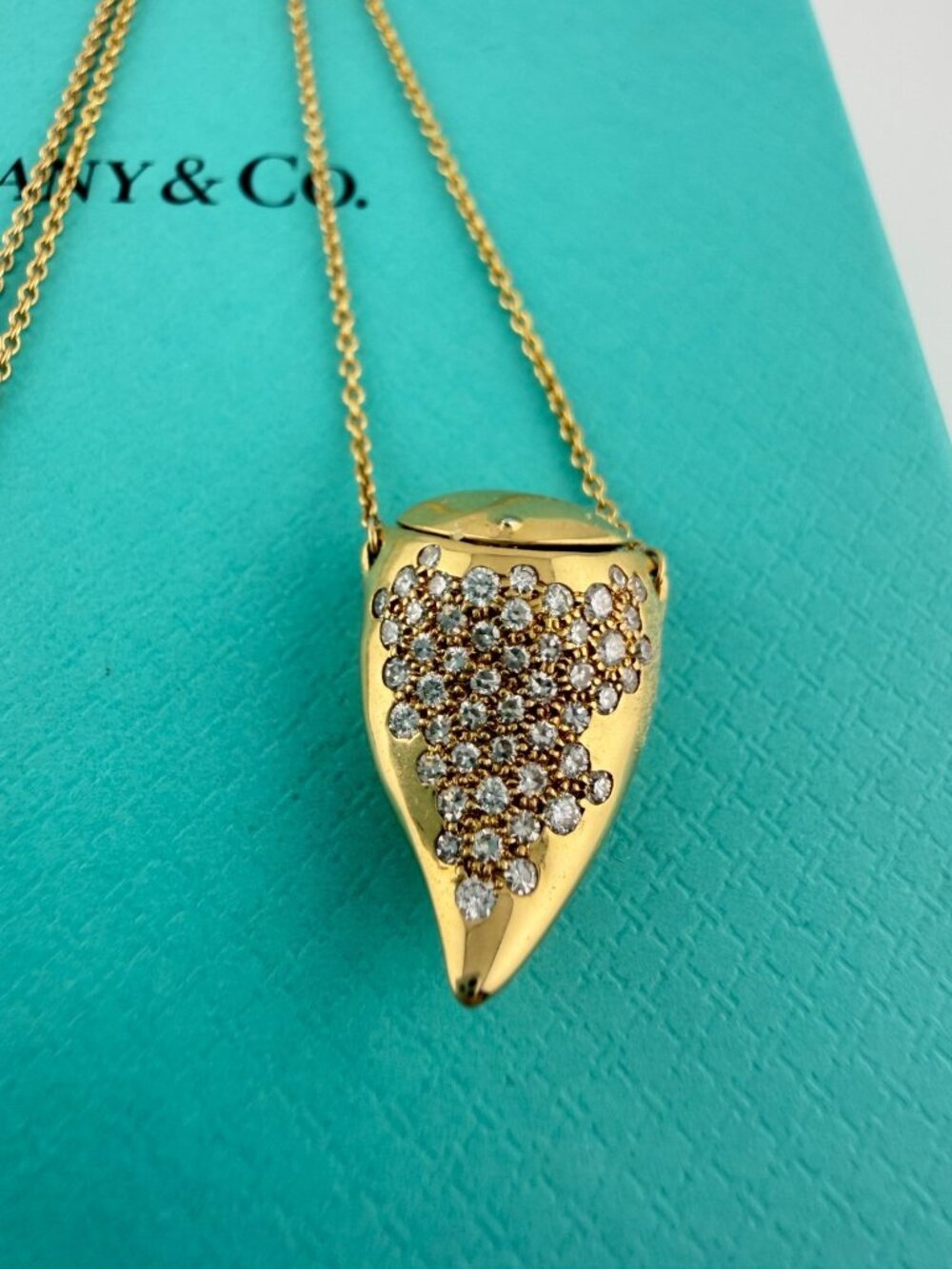 Tiffany & Co. Elsa Peretti Pave Diamond Bottle Pill Box 18k Gold Locket Necklace